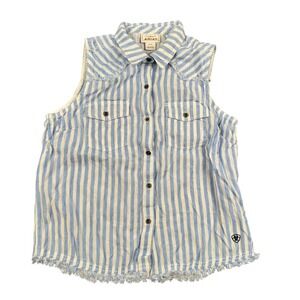 Ariat Sleeveless Striped Button Up Shirt Womens M M Frayed Hem Western 442